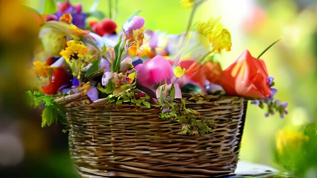 Rows of wicker baskets brimming with vibrant Easter flowers and eggs, creating an ambiance of springtime festivity.
