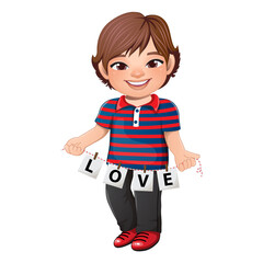 Valentine s Day with Cute Boy holding letters of word LOVE cartoon character vector illustration