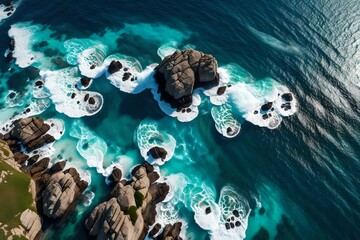 Aerial view of sea and rocks, ocean blue waves crashing