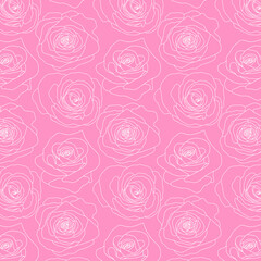 Vector seamless pattern with rose flowers white outline on the pink background hand drawn floral style vector
