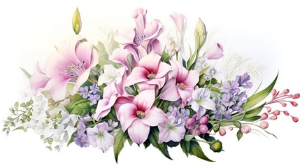 composition of delicate spring flowers, lilies of the valley and petunias on a light background, generative ai, 