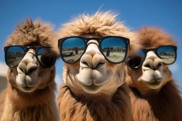 Foto op Canvas Three camels face wearing sunglasses, Camel wearing sunglasses against blue sky with clouds. 3d rendering. Ai generated © Tanu
