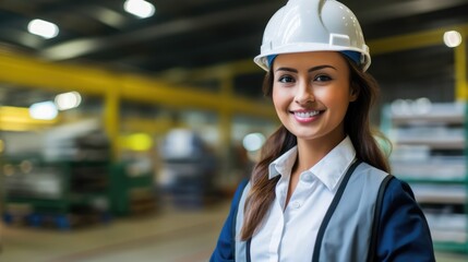 The warehouse scene is enlivened by the sight of a woman in a helmet and rugged work attire, exuding confidence and competence.
