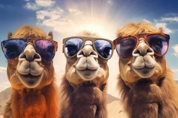 Foto op Plexiglas Three camels face wearing sunglasses, Camel wearing sunglasses against blue sky with clouds. 3d rendering. Ai generated © Tanu