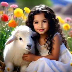 A little girl sitting with a small sheep in the wilderness