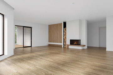 Empty Open space living room and kitchen interior with hardwood flooring and white walls, 3d rendering 
