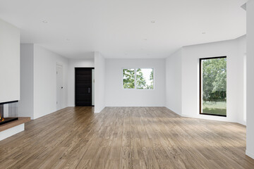 Empty Open space living room and kitchen interior with hardwood flooring and white walls, 3d rendering 

