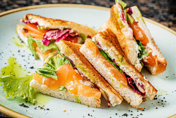 tasty sandwiches with ham and fish