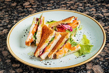 tasty sandwiches with ham and fish
