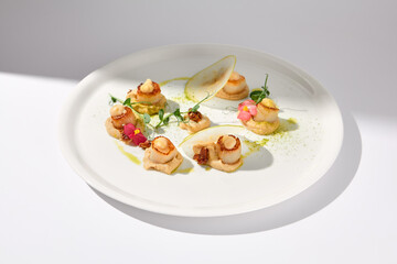Seared Sea Scallops with Apple and Celery Puree on White with Shadow