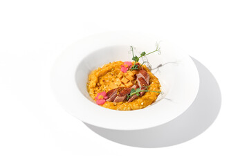 Duck breast with pumpkin risotto on a white plate, a gourmet meal for fine dining and restaurant menus