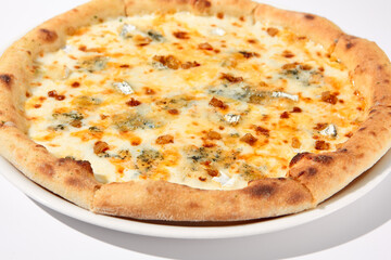 Italian Quattro Formaggi Pizza with Four Cheeses Isolated on White