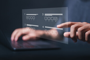 Online exam concept. Person use laptop take an assessment, questionnaire, evaluation, online survey, choose correct answer in test and filling out an online survey form.