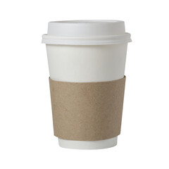 Paper Cup of Coffee with brown Sleeve isolated on white background. Takeaway coffee cup or hot tea