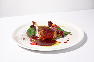 Duck leg confit with berry sauce, artistically presented on an isolated white background, a feast...