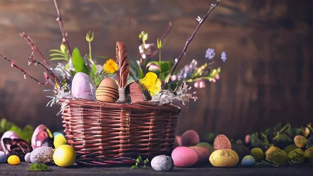 A wicker basket filled with Easter eggs of various colors, adorned with spring flowers and branches.
