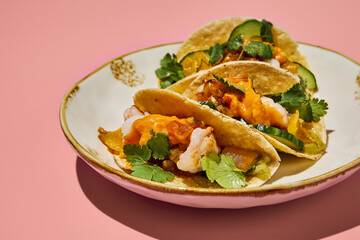 Close-up of sweet potato mousse and turkey tacos on a vintage plate, with a pink background