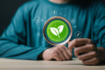 Sustainable energy concept. Person using magnifying glass focus to virtual Environment icon for sustainable energy at home. Environmental green energy. - obrazy, fototapety, plakaty