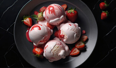 Beautiful red and white dessert or strawberry ice cream with red glaze and strawberries on a plate with and on a beautiful marble background 