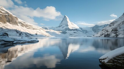 Breathtaking alpine landscape with reflecting mountain peak in winter. serene nature scene with snow and reflection. ideal for wall art and backgrounds. AI