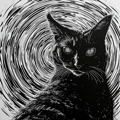 Artistic Fusion: Spiral-Eyed Cat in Woodcut Style
