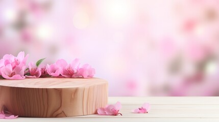 empty wooden podium blurred pink flowers decoration on white background with space.beauty cosmetic and romantic valentines or mother,birthday woman love gift product pedestal platform stand display., 