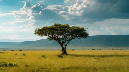 Obraz premium Solitary tree on a vast african savannah under a dynamic sky. ideal for backgrounds and nature themes. serene and expansive. AI