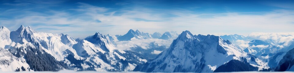 Panoramic view of Snow Mountain Range Landscape with Blue Sky