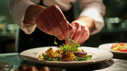 Obraz na płótnie Canvas Chef cooking salad in restaurant kitchen. Close up of male hands preparing food
