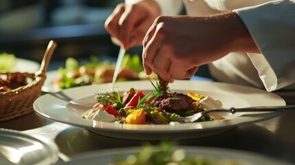 Obraz na płótnie Canvas Hands of a chef decorating a dish in a restaurant.