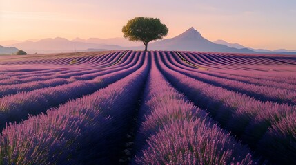 Serene lavender field at sunrise with solitary tree and mountain backdrop. calm, vibrant landscape ideal for decor. AI - obrazy, fototapety, plakaty