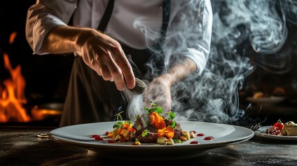 Chef cooking salad in restaurant kitchen. Close up of male hands preparing food - obrazy, fototapety, plakaty
