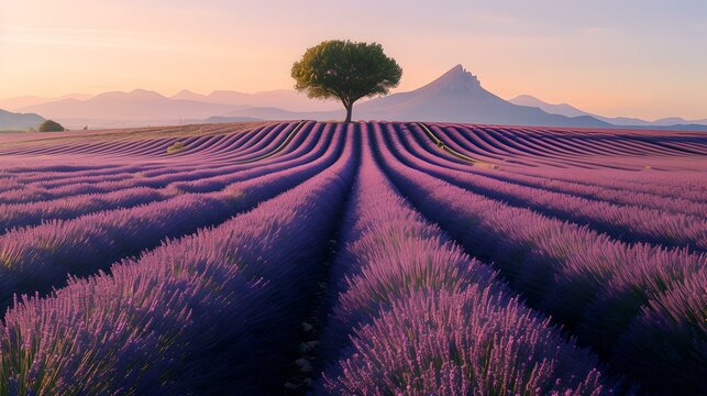 Serene lavender field at sunrise with solitary tree and mountain backdrop. calm, vibrant landscape ideal for decor. AI