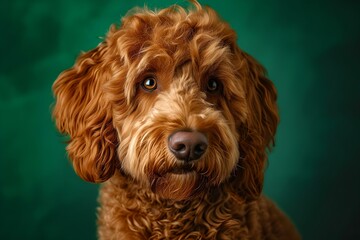 Adorable brown dog portrait on a green backdrop. perfect pet photography for websites and magazines. high-quality, expressive canine image. AI