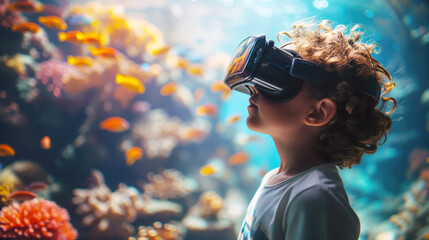 School child wearing virtual reality glasses is studying biology against the background of underwater marine life in his glasses. Concept of the virtual reality in school education