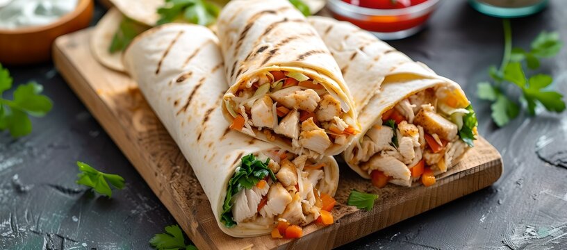 Fresh chicken shawarma wraps on wooden board, quick and tasty meal selection, ideal street food concept. AI