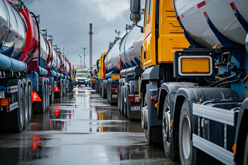 A line of fuel trucks being loaded or unloaded