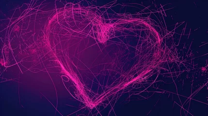 Foto op Plexiglas Abstract digitally manipulated neon pink drawing in the shape of heart on the dark background, in the style of dark purple and light navy © Huong