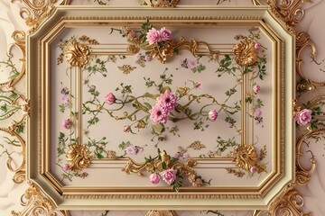 Obraz premium Abstract ornamental vintage aesthetics marble framed wall hanging, in the style of intricate frescoes ceiling design. Luxurious baroque style patchwork patterns. Decorative borders with gold.