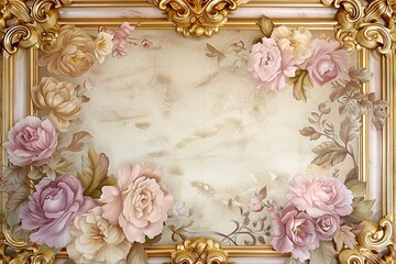 Abstract ornamental vintage aesthetics marble framed wall hanging, in the style of intricate frescoes ceiling design. Luxurious baroque style patchwork patterns. Decorative borders with gold.