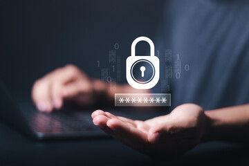 Protection network security and information security system concept. Person use laptop with virtual...