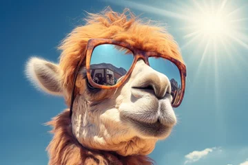Gordijnen Smart looking Camel face wearing sunglasses, Camel wearing sunglasses against blue sky with clouds. 3d rendering. Ai generated © Tanu