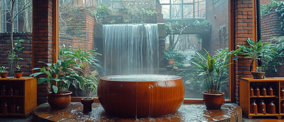 a large wooden tub with a waterfall in the middle of it
