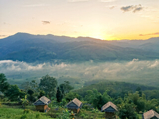 Fototapeta na wymiar Sunrise landscape of Chongchang mountain viewpoint,located in Nasarn town,Suratthani,Thailand