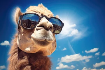 Deurstickers Smart looking Camel face wearing sunglasses, Camel wearing sunglasses against blue sky with clouds. 3d rendering. Ai generated © Tanu