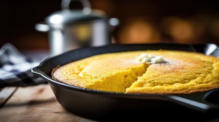 Cornbread in a cast-iron pan on a wooden table.