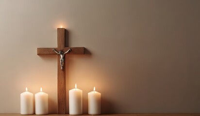 christian cross with candles on wooden floor in room, copy space