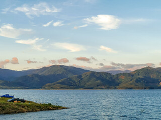 Sunset beautiful landscape  mountains and lake of Kathun reservoir,located in Phipun District, Nakhon Sri Thammarat