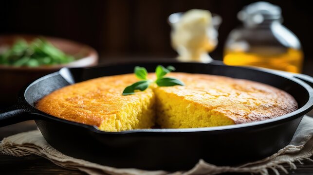 Cornbread in a cast-iron frying pan on a wooden table