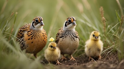 Endearing quail leading its adorable chicks through tall grass
